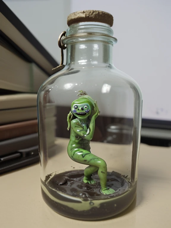 A slimy humanoid trapped in a bottle on a desk、horror、Creepy、mud
