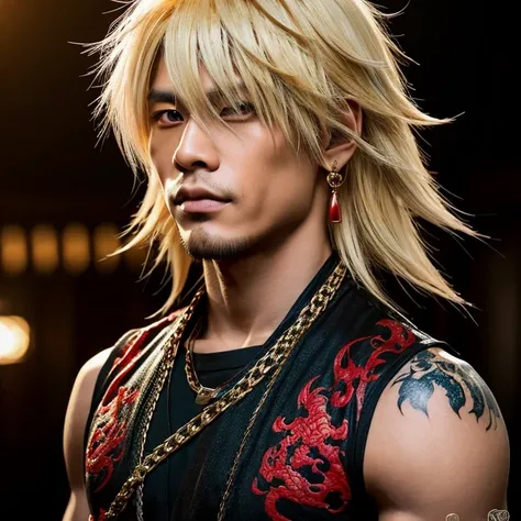 1 man, Japanese man, male, Asian eyes, muscular, broad shoulders, dragon tattoos, hairstyle Visual Kei style, hair Visual Kei, black mens shirt and black pants, ultra detailed face, hyperrealistic, realistic representation, long hair, long hair, 30 years o...