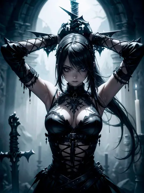 (a girl with) Aura-like gothic lighting, realistic Gothic-style artwork, detailed skeleton impaling itself with a sword in the neck, dark atmospheric background, high-res masterpiece:1.2, ultra-fine painting, professional, vivid colors