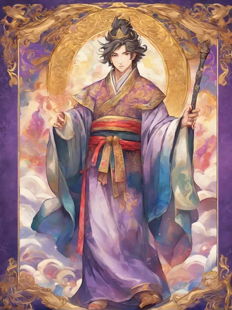 prompt: saint Prince Shotoku in the center, "THE WORLD" written below, tarot card design, vibrant colors, mystical atmosphere, intricate details, realistic painting style, soft lighting. (best quality, highres), deep blues and purples hovering in the backg...