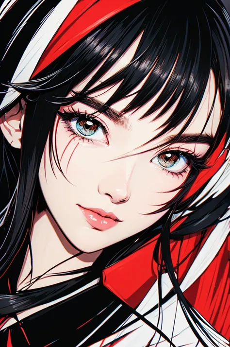 red_black_white,(pieces fly:1.2),(anime style etc..,Comic Core:1.1),1 girl,Quill pen,crazy about love,highly detailed eyes,highly detailed face,highly detailed hair,8K,Decide,