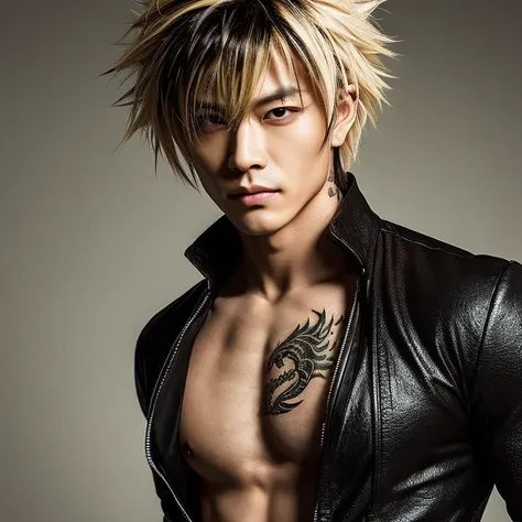 1 man, Japanese man, male, Asian eyes, muscular, broad shoulders, dragon tattoos, hairstyle Visual Kei style, hair Visual Kei, black mens shirt and black pants, ultra detailed face, hyperrealistic, realistic representation, long hair, long hair, 30 years o...