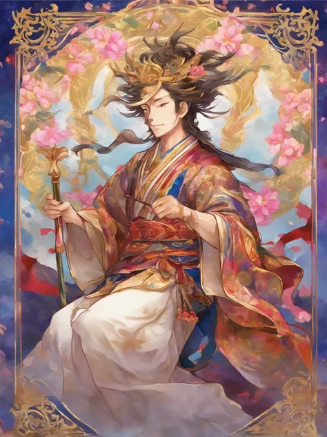 prompt: saint Prince Shotoku in the center, {{{"THE WORLD" written below}}}, tarot card design, vibrant colors, mystical atmosphere, intricate details, realistic painting style, soft lighting. (best quality, highres), deep blues and purples hovering in the...