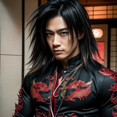 1 man, Japanese man, male, Asian eyes, muscular, broad shoulders, dragon tattoos, hairstyle Visual Kei style, hair Visual Kei, black mens shirt and black pants, ultra detailed face, hyperrealistic, realistic representation, long hair, long hair, 30 years o...