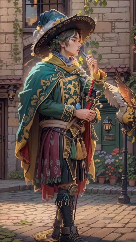 Pied Piper Tarot Card. A Pied Piper stands in the center of a picturesque town square.，Surrounded by colorful buildings and cobbled streets。He wears vibrant clothing，Wearing a tall feathered hat and a flowing cloak。



The surrounding buildings reflect the...