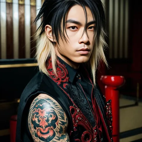 1 man, Japanese man, male, Asian eyes, muscular, broad shoulders, dragon tattoos, hairstyle Visual Kei style, hair Visual Kei, black mens shirt and black pants, ultra detailed face, hyperrealistic, realistic representation, long hair, long hair, 30 years o...