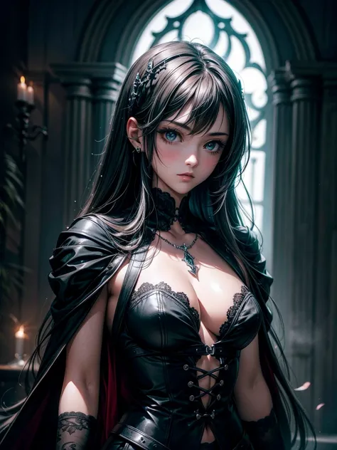 (a girl with) Aura-like gothic lighting, realistic Gothic-style artwork, detailed skeleton impaling itself with a sword in the neck, dark atmospheric background, high-res masterpiece:1.2, ultra-fine painting, professional, vivid colors