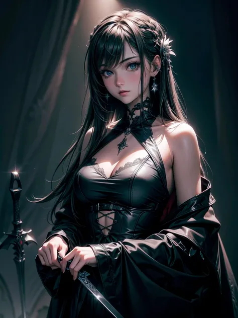 (a girl with) Aura-like gothic lighting, realistic Gothic-style artwork, detailed skeleton impaling itself with a sword in the neck, dark atmospheric background, high-res masterpiece:1.2, ultra-fine painting, professional, vivid colors