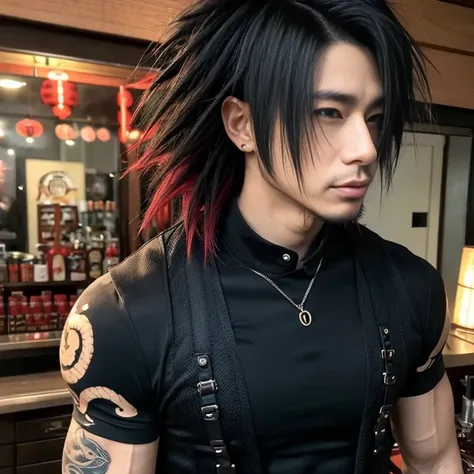 1 man, Japanese man, male, Asian eyes, muscular, broad shoulders, dragon tattoos, hairstyle Visual Kei style, hair Visual Kei, black mens shirt and black pants, ultra detailed face, hyperrealistic, realistic representation, long hair, long hair, 30 years o...