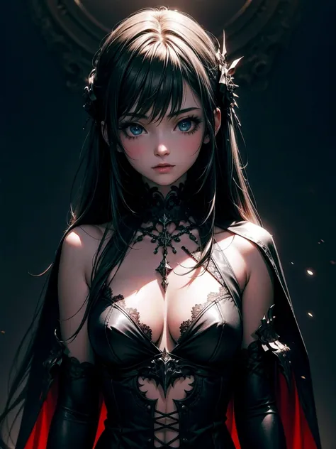 (a girl with) Aura-like gothic lighting, realistic Gothic-style artwork, detailed skeleton impaling itself with a sword in the neck, dark atmospheric background, high-res masterpiece:1.2, ultra-fine painting, professional, vivid colors