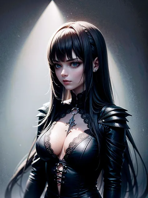 (a girl with) Aura-like gothic lighting, realistic Gothic-style artwork, detailed skeleton impaling itself with a sword in the neck, dark atmospheric background, high-res masterpiece:1.2, ultra-fine painting, professional, vivid colors