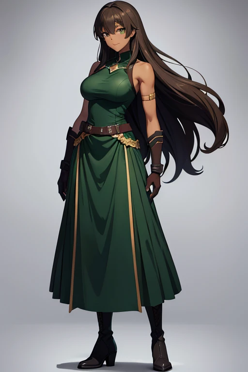 anime picture、Full body portrait、dark green one-piece dress、A dark-skinned woman around 160cm tall, around 30 years old.、gentle smile、Brown semi-long hair、long skirt、Breastplate、gloves、arm guard、boots