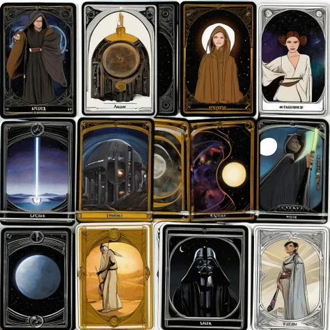 (best quality,4k,8k,highres,masterpiece:1.2),ultra-detailed,(realistic,photorealistic,photo-realistic:1.37),Star Wars themed Tarot cards,A deck of (mystical,beautifully illustrated,artistic) Tarot cards from the Star Wars universe is meticulously arranged ...