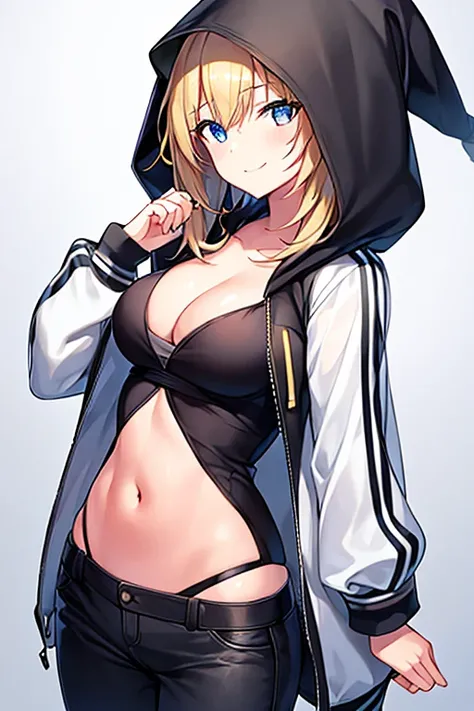 1girl, hood, jacket, hooded jacket, hood on, hood up, blonde hair, large breasts, breasts, white jacket, black shirt, shirt, very short hair, pants, black pants, smile, toned, toned female, urban, mature female, tall, tall female