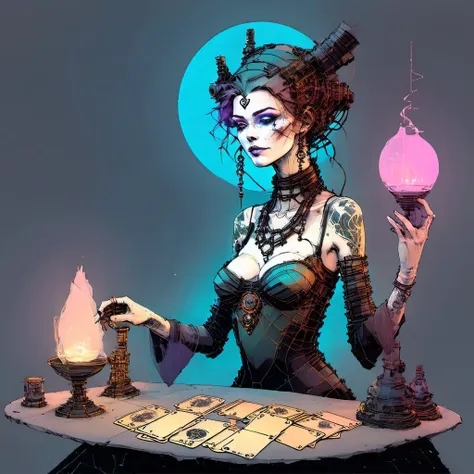 double exposure sketch, ink styling, beautiful woman arranging tarot cards, mystical attire, makeup, death and jester cards juxt...