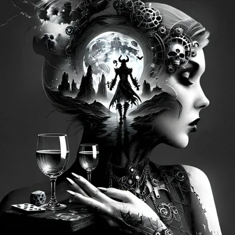 double exposure sketch, ink styling, beautiful woman arranging tarot cards, mystical attire, makeup, death and jester cards juxt...