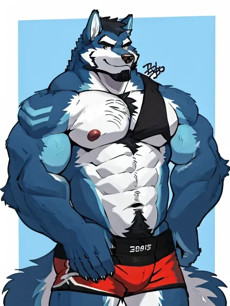 1 boy, solo, there is a man in a underwear taking a selfie, anthropology, wolf, hairy, blue and white fur, flex arm muscles, korean muscle boy 2 1 years old, shirtless :: high detail, open v chest clothes, taken in 2 0 2 0, the super hot and sexy, the extr...