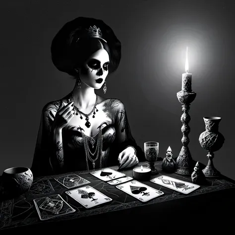 double exposure ink sketch of a woman adorned in mystical attire, applying makeup, laying out tarot cards featuring the death an...