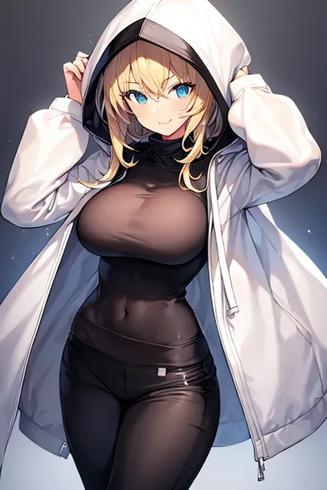 1girl, hood, jacket, hooded jacket, hood on, hood up, blonde hair, large breasts, breasts, white jacket, black shirt, shirt, very short hair, pants, black pants, smile, toned, toned female, urban, mature female, tall, tall female