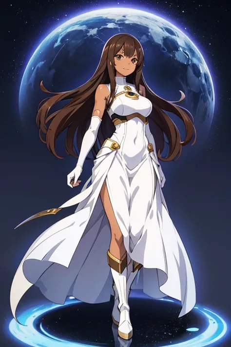 anime picture、Full body portrait、White One Piece Dress、A 24-year-old dark-skinned woman, about 160cm tall.、gentle smile、medium brown hair、long skirt、Breastplate、gloves、arm guard、boots
