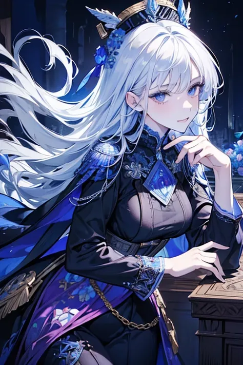 (absurdres, highres, ultra detailed), 1 female, adult, beautiful, tall woman, broad shoulders, finely detailed eyes, light color hair, fantasy, complex pattern, detailed face, throne, magic effect, best ratio four finger and one thumb, ice, bitter cold, co...