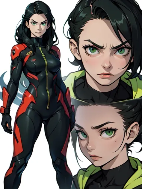 angry girl black hair pale skin green eyes bust Turnaround sheet