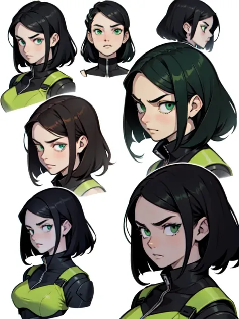 angry girl black hair pale skin green eyes bust Turnaround sheet