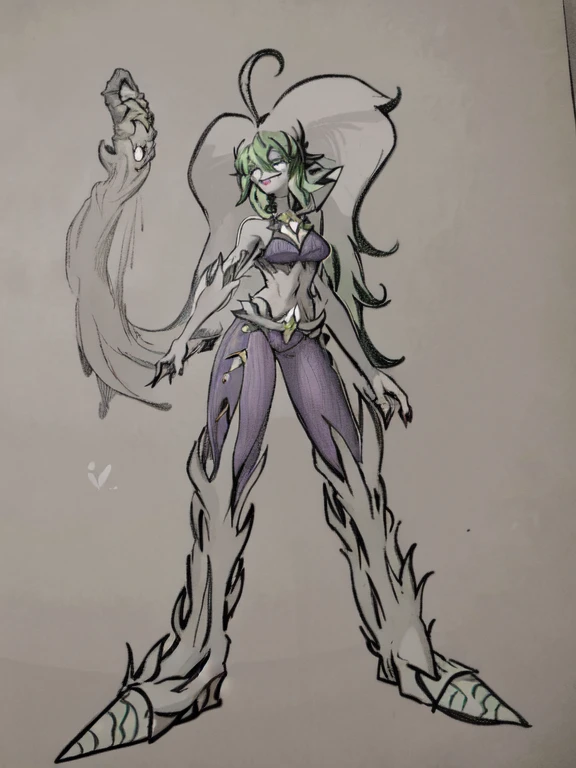 a cartoon drawing of a woman with green hair and black pants, eldritch goddess, villain pose, colorful muscular eldritch, monstergirl, eldritch color scheme, holy cyborg necromancer girl, green colored skin!!, long haired humanoid fursona, anime monster gi...