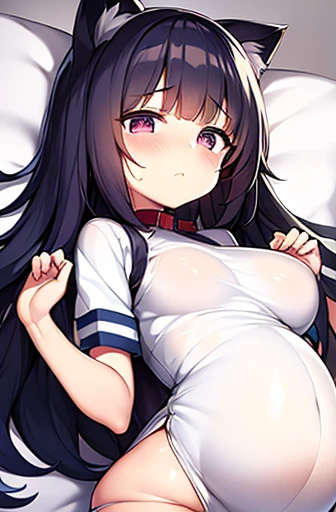 pregnant with many girls, Have cat ears,Pregnant, childbirth, work, Handcuffed hands、A belly so huge that it can&#39;t exist in reality、Belly on the verge of bursting、wearing a collar、on the bed、Looks very painful、small face、Giant belly、Big belly、、masterpi...