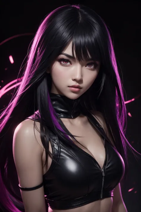 1girl, akali, kda, akali league of legends, star eye, blush, perfect illumination, black hair, red eyes, unreal engine, sidelighting, detailed face, bangs, bright skin, simple background, dark background, purple light rim