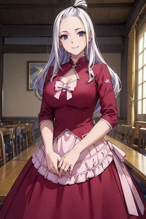 (best quality,4k,8k,highres,masterpiece:1.2),ultra-detailed,realistic,photorealistic:1.37, Mirajane Strauss with a beautiful smile wearing a red designer dress 