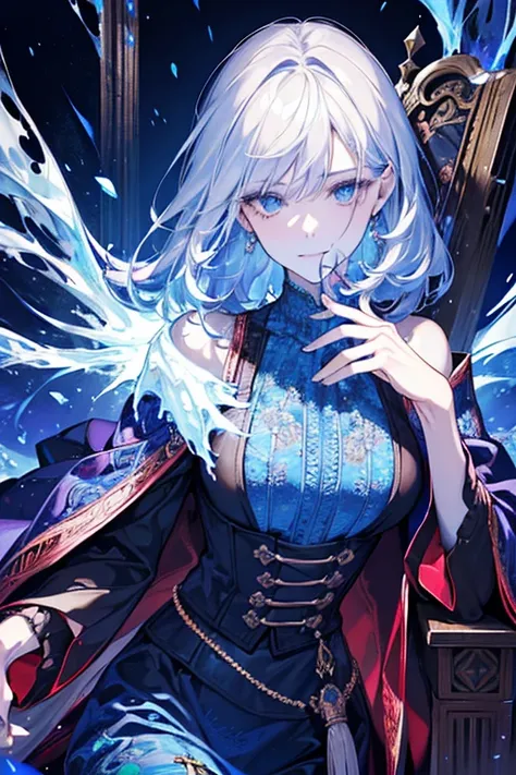 (absurdres, highres, ultra detailed), 1 female, adult, beautiful, tall woman, broad shoulders, finely detailed eyes, light color hair, fantasy, complex pattern, detailed face, throne, magic effect, best ratio four finger and one thumb, ice, bitter cold, co...