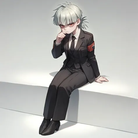 score_9, score_8_up, score_7_up, source_fumo, fumo, fumo, fumo doll, solo, 1girl, hellsing, formal, suit, black jacket, black necktie, long sleeves, black pants, fumo (doll), chibi, sitting, fumo