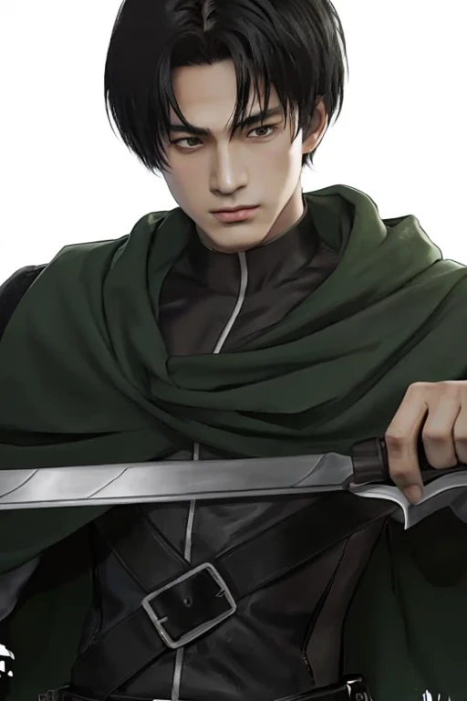 (realistic, ultra detailed) a boy with black hair wearing green cloth upon black dress holding a weapon 