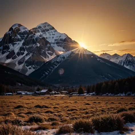 a 8 by 72 landscape art of a mountain as a subject with flickering lights at a sun set