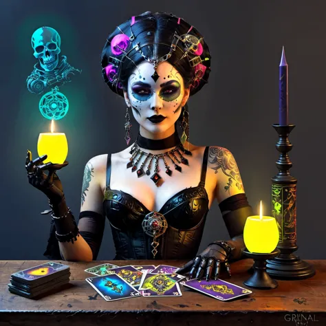 double exposure sketch, ink styling, beautiful woman arranging tarot cards, mystical attire, makeup, death and jester cards juxt...