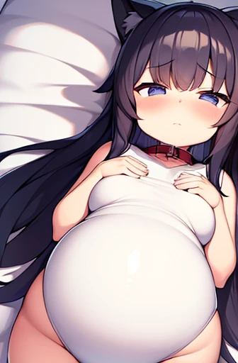 pregnant with many girls, Have cat ears,Pregnant, childbirth, work, Handcuffed hands、A belly so huge that it can&#39;t exist in reality、Belly on the verge of bursting、wearing a collar、on the bed、Looks very painful、small face、Giant belly、Big belly、、masterpi...