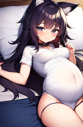 pregnant with many girls, Have cat ears,Pregnant, childbirth, work, Handcuffed hands、A belly so huge that it can&#39;t exist in reality、Belly on the verge of bursting、wearing a collar、on the bed、Looks very painful、small face、Giant belly、Big belly、、masterpi...