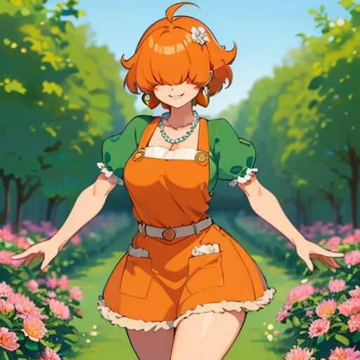 ,High quality,Female ,((hair covering eyes,fluffy hair,short hair,Teeth,smiling,(breasts),solo,orange hair,toned,Earrings,Curvy legs,2 arms, Pearl Necklace,denim apron,in a garden,She has a flower in her hair,Green shirt