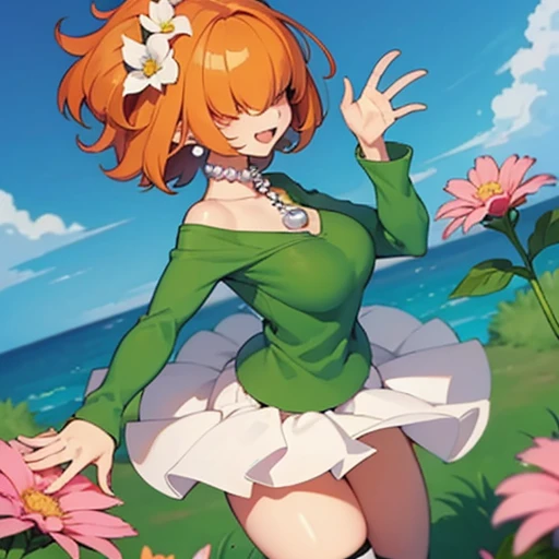 ,High quality,Female ,((hair covering eyes,fluffy hair,short hair,Teeth,smiling,(breasts),solo,orange hair,toned,Earrings,Curvy legs,2 arms, Pearl Necklace,side park,looking back,She has a flower in her hair,Green Sweater,pink stockings 