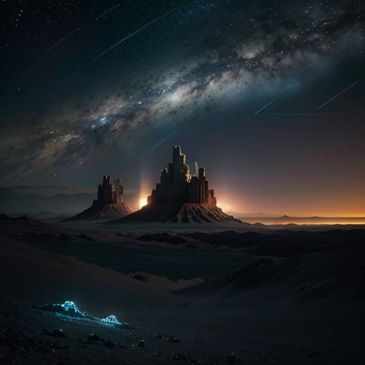 Create otherworldly landscape images, Exotic plants and animals thrive in unfamiliar environments. The sky should be deep, Bright colors unlike those seen on Earth, Multiple satellites or objects are visible. TerrainRugged，Rugged, Glowing crystals stick ou...