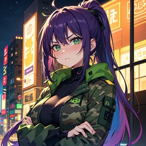 masterpiece, best quality, night, city, neon lights, looking at viewer, upper body, 1girl, purple and green hair, ponytail, purple and green eyes, green camouflage jacket, crossed arms, angry, shy, nose blush, large breasts