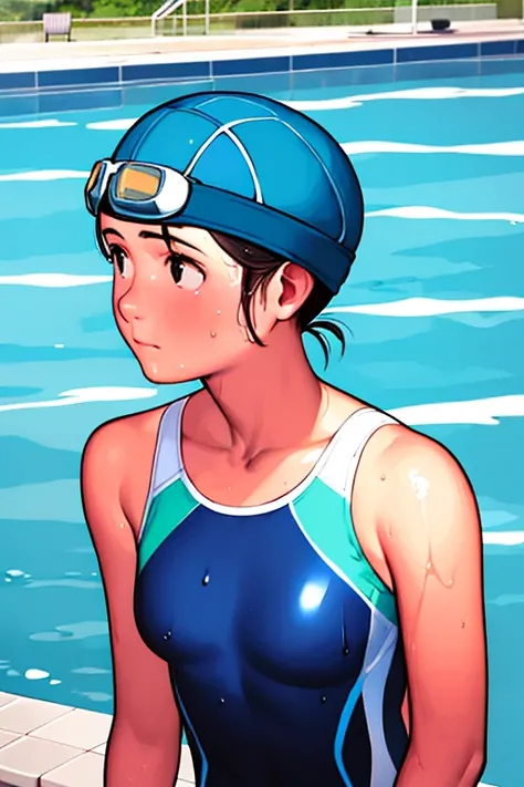 masterpiece, best quality, solo focus, 1girl, (swim cap, goggles on head:1.2), shiny, (competition swimsuit, aqua one-piece swimsuit:1.2), small breasts, standing, wet, looking away, pool