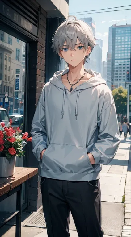 1 high school boy, short ash gray hair, sky blue eyes, gray hoodie,earrings,necklace, black pants, city, High resolution, 8K, Utra sharp, table top, looking at the viewer