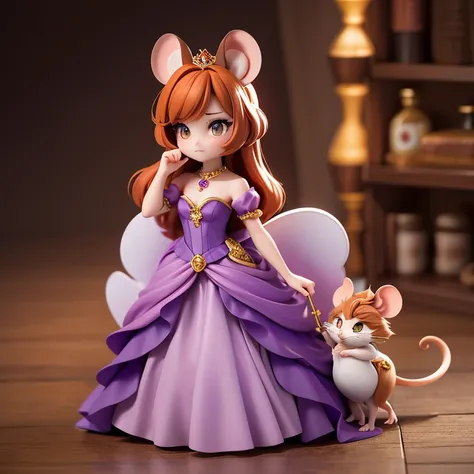 Short,  body, young adult, fair skin, mouse, mouse ears, mouse nose, whiskers, mouse tail, amber eyes, auburn hair, purple gown, princess gown, mouse princess