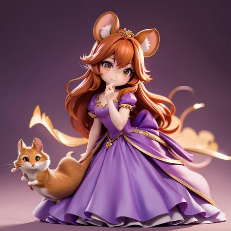 Short,  body, young adult, fair skin, mouse, mouse ears, mouse nose, whiskers, mouse tail, amber eyes, auburn hair, purple gown, princess gown, mouse princess