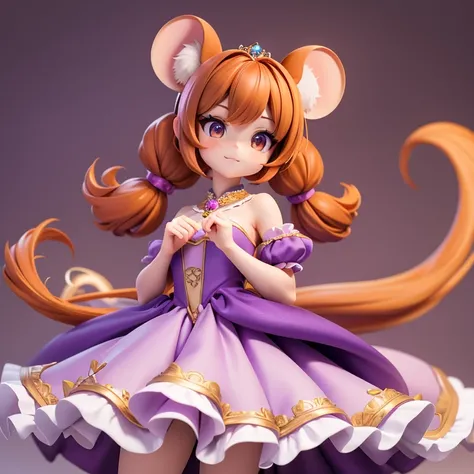 Short,  body, young adult, fair skin, mouse, mouse ears, mouse nose, whiskers, mouse tail, amber eyes, auburn hair, pigtails, purple gown, princess gown, mouse princess