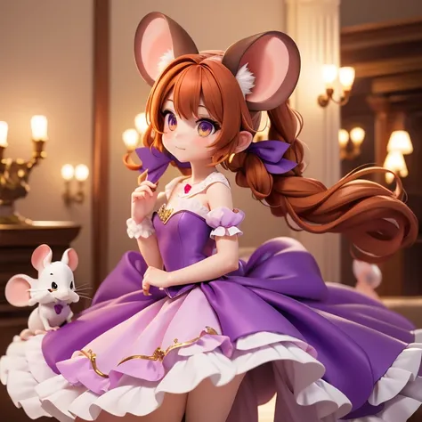 Short,  body, young adult, fair skin, mouse, mouse ears, mouse nose, whiskers, mouse tail, amber eyes, auburn hair, pigtails, purple gown, princess gown, mouse princess