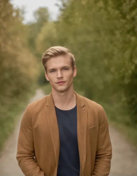 Photo of a breathtakingly beautiful German man, Green eyes, kurzes, unordentliches, windiges hellblondes Haar, Haare umdrehen, Nahaufnahme, enlarged portrait with narrow detail, on foot a (Laufsteg bei einer Modenschau, Szene, Models, Menschen:1.2) contrib...