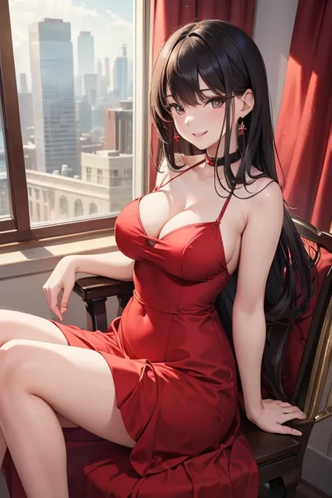 (masterpiece, best quality:1.2), Beautiful girl with a beautiful smile wearing a sexy red dress 